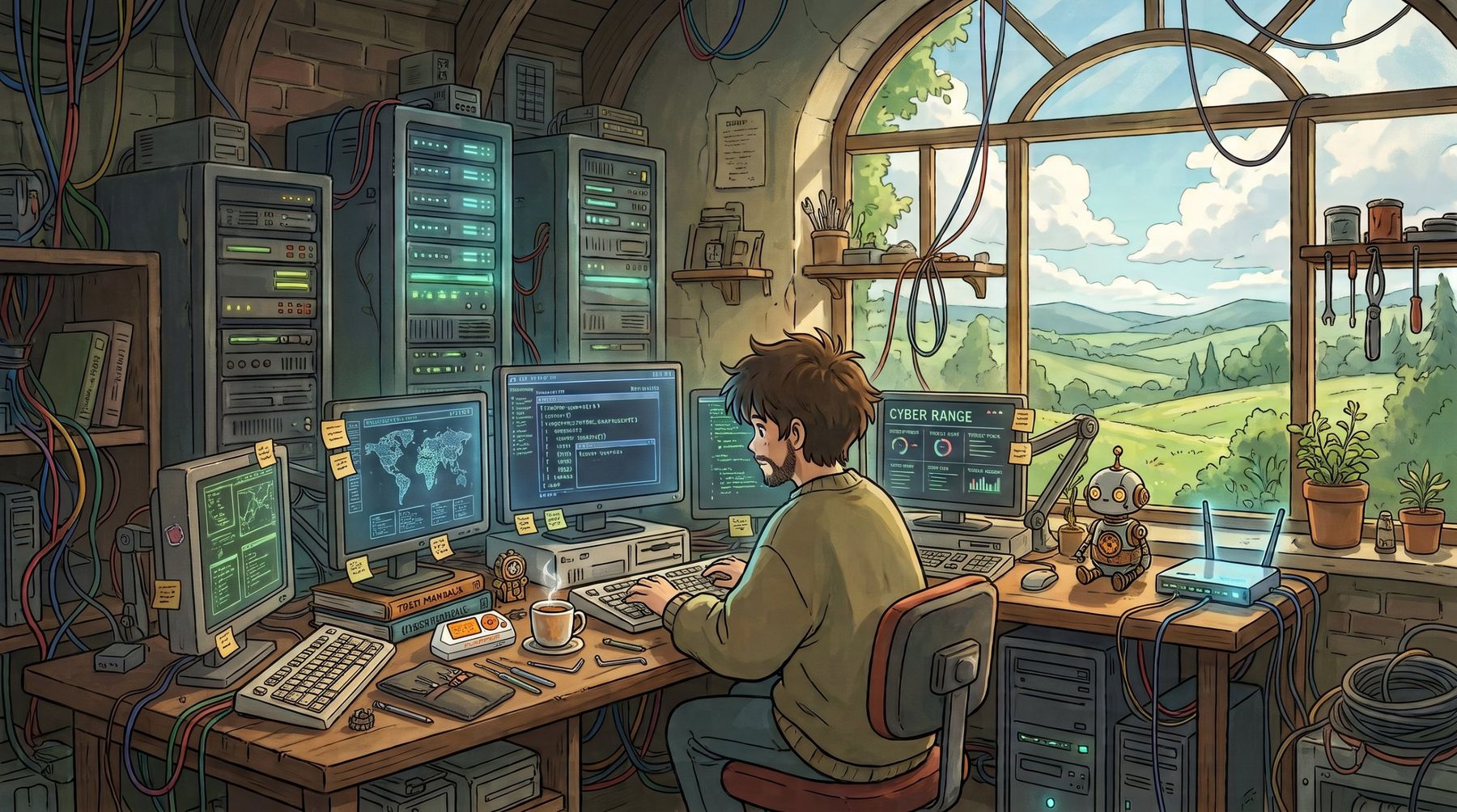 Illustration of Casey at a desk of monitors and server racks in a workshop that looks out over green hills. One screen reads Cyber Range.